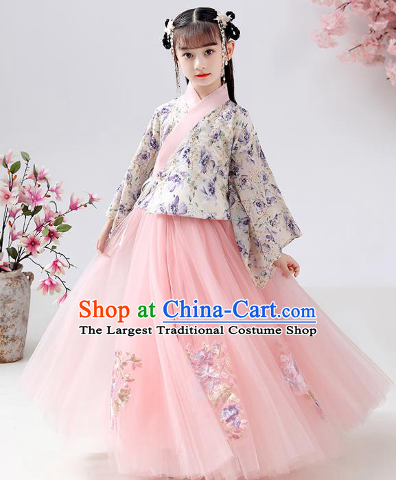 Chinese Ancient Children Costumes Traditional Hanfu Ming Dynasty Girls Printing Blouse and Pink Skirt for Kids