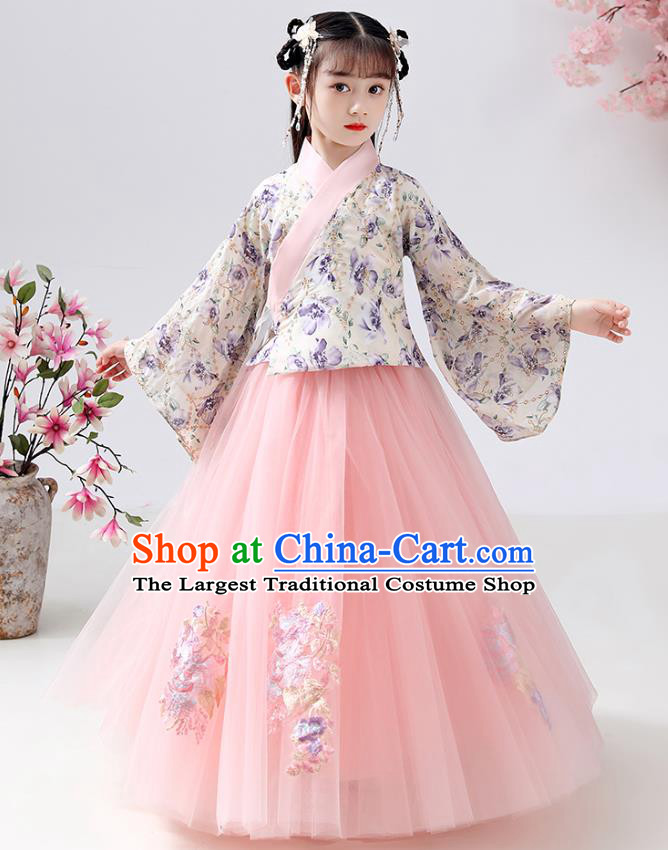 Chinese Ancient Children Costumes Traditional Hanfu Ming Dynasty Girls Printing Blouse and Pink Skirt for Kids