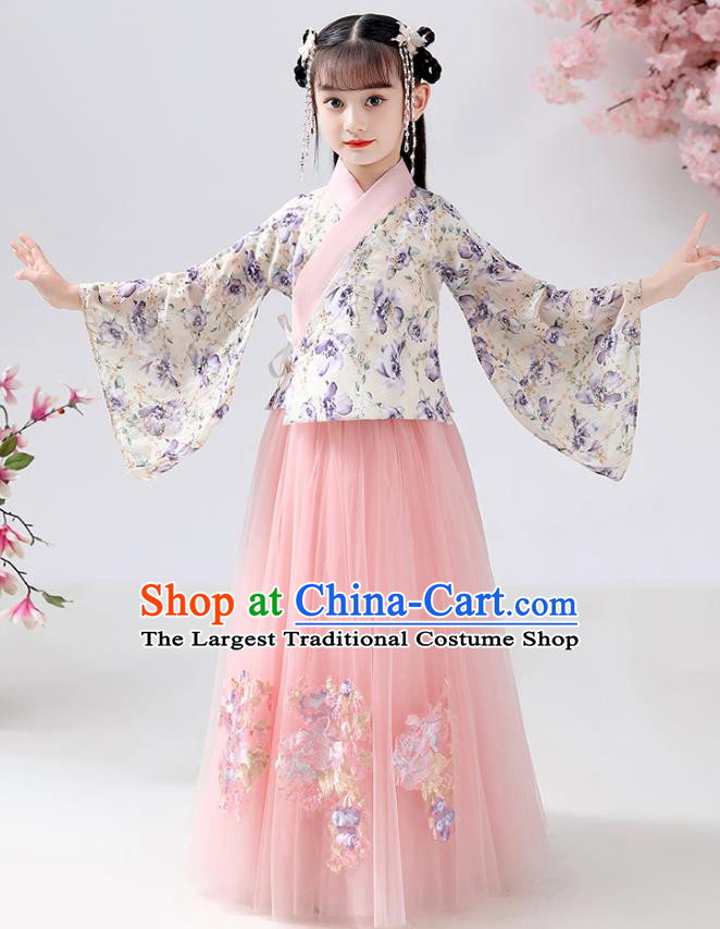 Chinese Ancient Children Costumes Traditional Hanfu Ming Dynasty Girls Printing Blouse and Pink Skirt for Kids