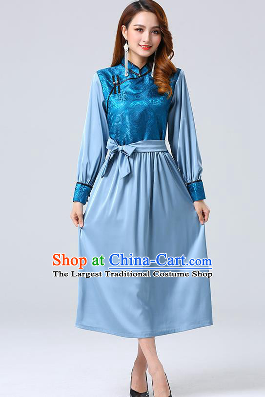 Traditional Chinese Mongol Minority Ethnic Costume Garment Mongolian Nationality Women Blue Dress Apparels