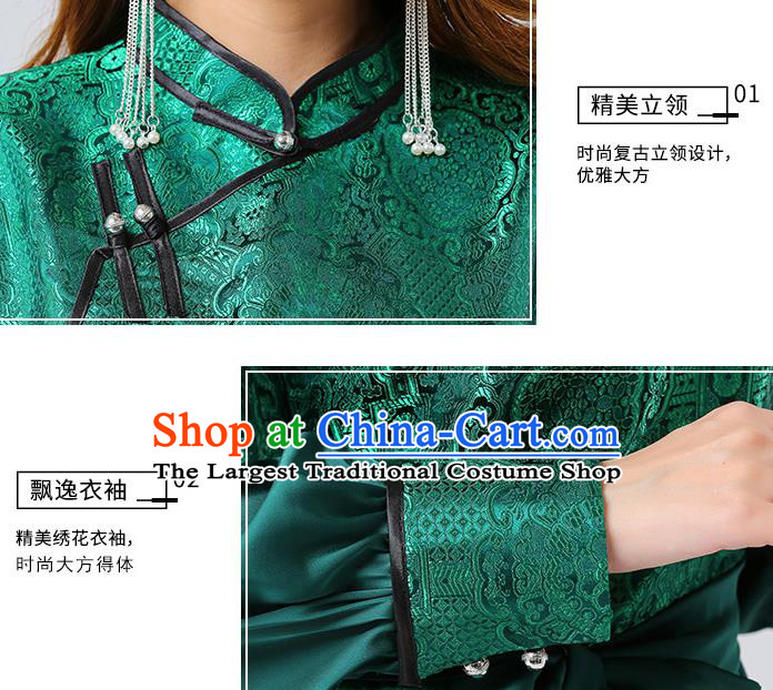 Traditional Chinese Mongol Minority Ethnic Costume Garment Mongolian Nationality Women Deep Green Dress Apparels