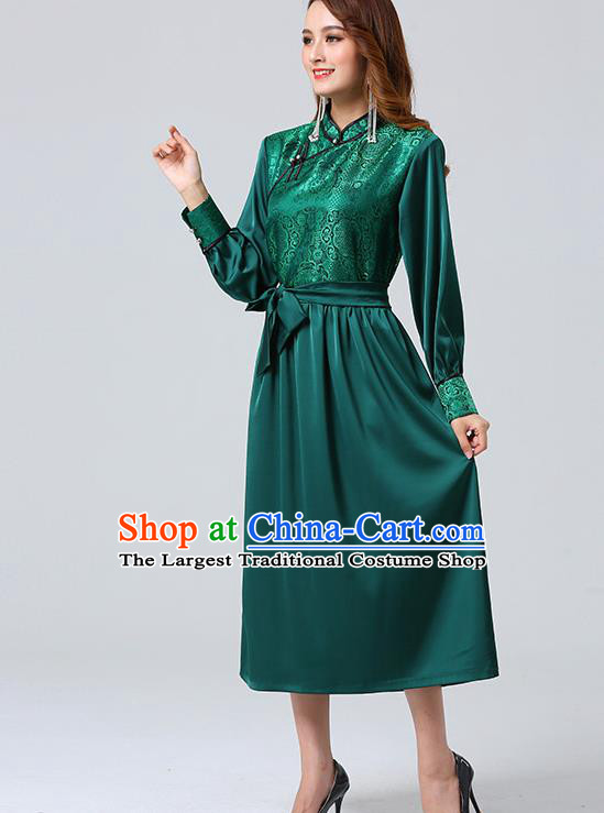 Traditional Chinese Mongol Minority Ethnic Costume Garment Mongolian Nationality Women Deep Green Dress Apparels