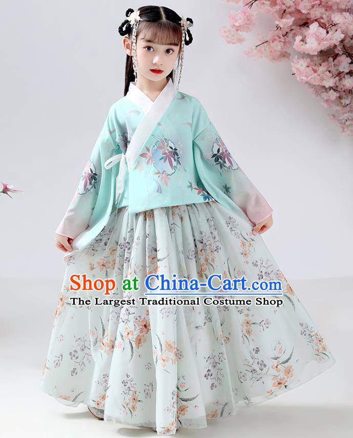 Chinese Ancient Children Costumes Traditional Hanfu Ming Dynasty Girls Green Blouse and Printing Skirt for Kids