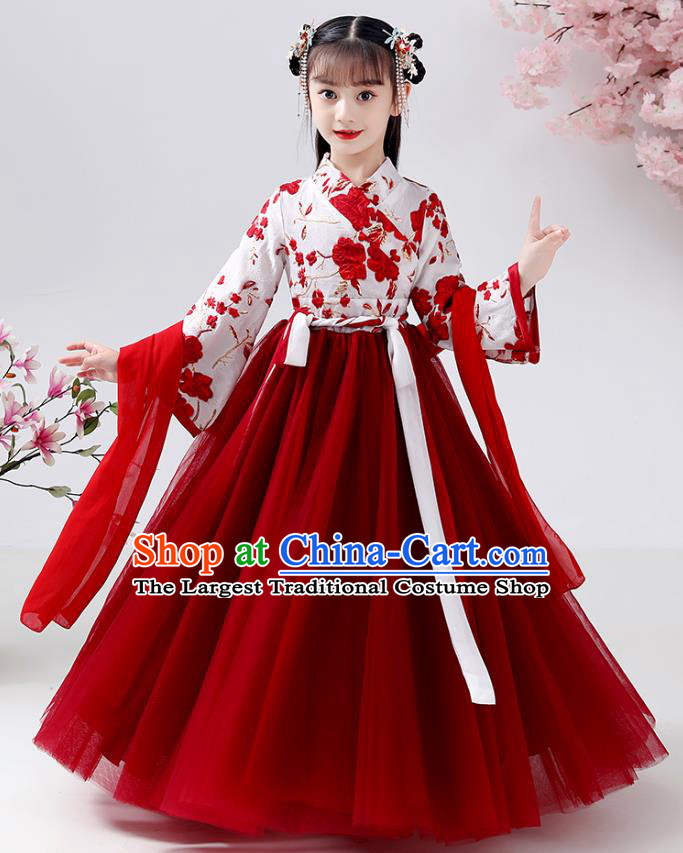 Chinese Traditional Hanfu Ming Dynasty Girls Blouse and Red Skirt Ancient Children Chiffon Costumes for Kids