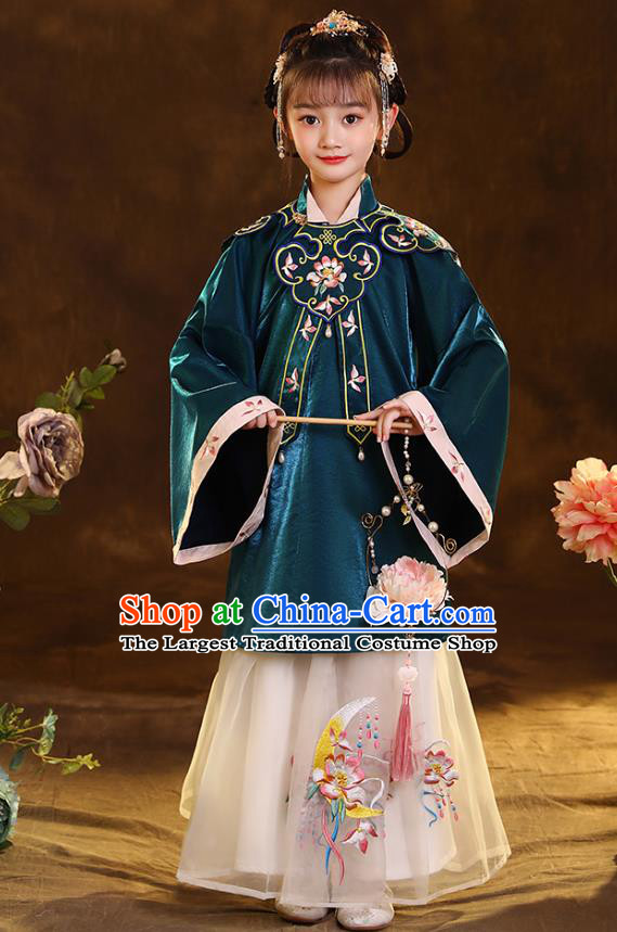 Chinese Traditional Tang Suit Green Blouse and Beige Skirt Ancient Girl Hanfu Costumes for Kids