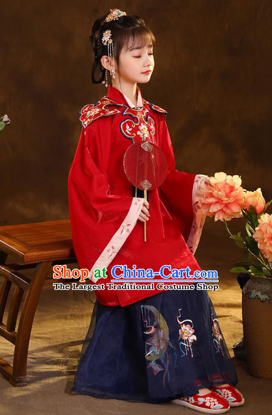 Chinese Traditional Tang Suit Red Blouse and Navy Skirt Ancient Girl Hanfu Costumes for Kids