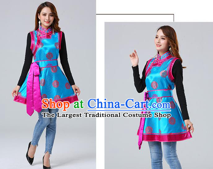 Traditional Chinese Mongol Minority Blue Brocade Vest Dress Ethnic Costume Mongolian Nationality Women Garment Apparels