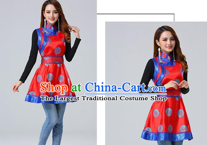Traditional Chinese Mongol Minority Red Brocade Vest Dress Ethnic Costume Mongolian Nationality Women Garment Apparels