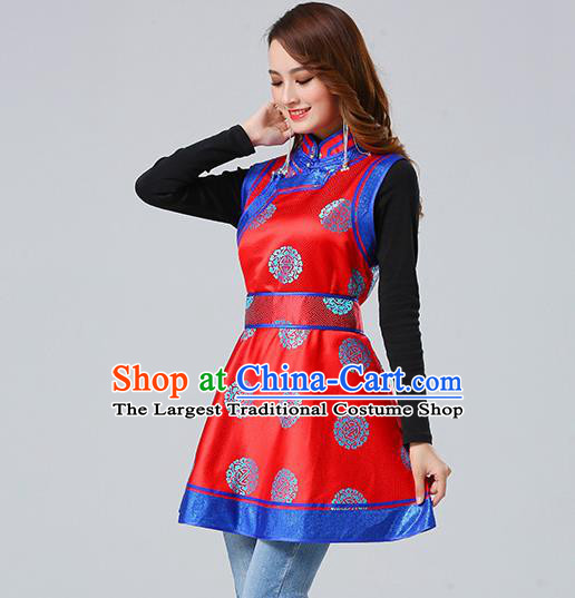 Traditional Chinese Mongol Minority Red Brocade Vest Dress Ethnic Costume Mongolian Nationality Women Garment Apparels