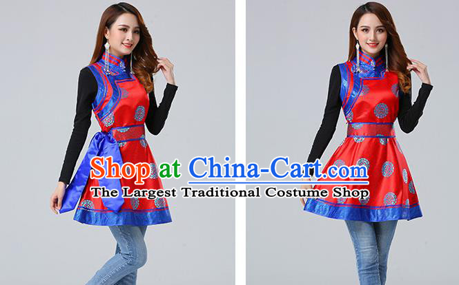 Traditional Chinese Mongol Minority Red Brocade Vest Dress Ethnic Costume Mongolian Nationality Women Garment Apparels