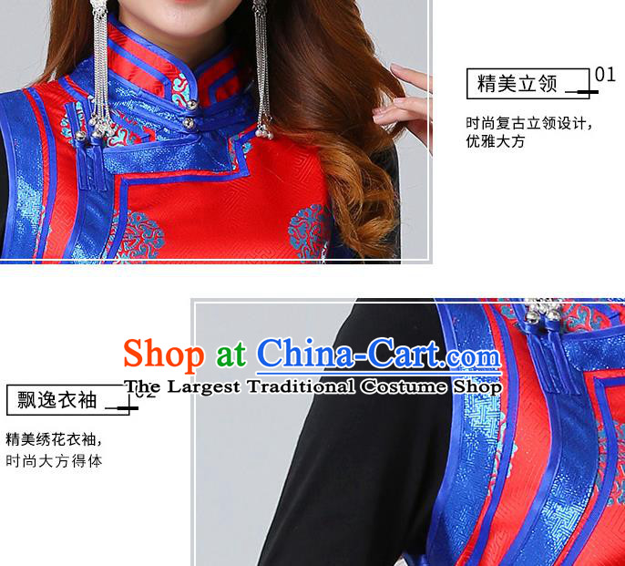 Traditional Chinese Mongol Minority Red Brocade Vest Dress Ethnic Costume Mongolian Nationality Women Garment Apparels