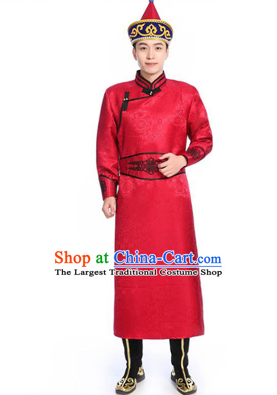 Chinese Traditional Red Brocade Mongolian Robe Ethnic Men Dance Garment Mongol Minority Wedding Costume