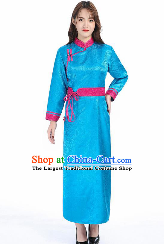 Traditional Chinese Mongol Minority Blue Brocade Mongolian Robe Apparels Ethnic Costume Mongolian Nationality Women Garment Dress