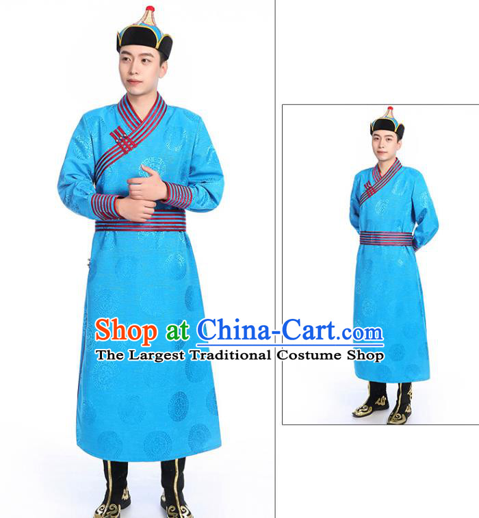 Chinese Traditional Ethnic Blue Mongolian Robe Mongolian Men Dance Garment Mongol Minority Stage Performance Costume