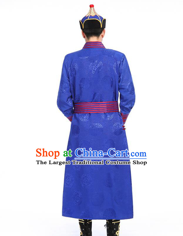 Chinese Traditional Ethnic Royalblue Mongolian Robe Mongolian Men Dance Garment Mongol Minority Stage Performance Costume