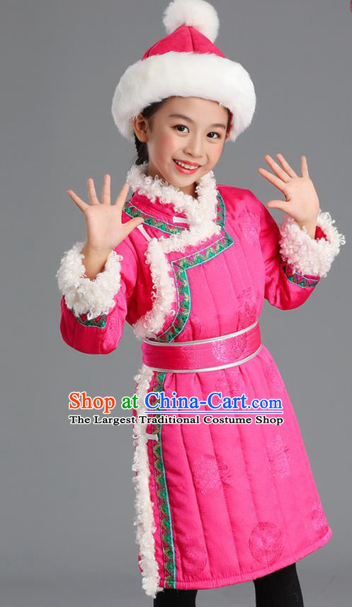 Traditional Chinese Mongol Minority Kids Pink Mongolian Robe Winter Apparels Ethnic Costume Mongolian Nationality Children Garment