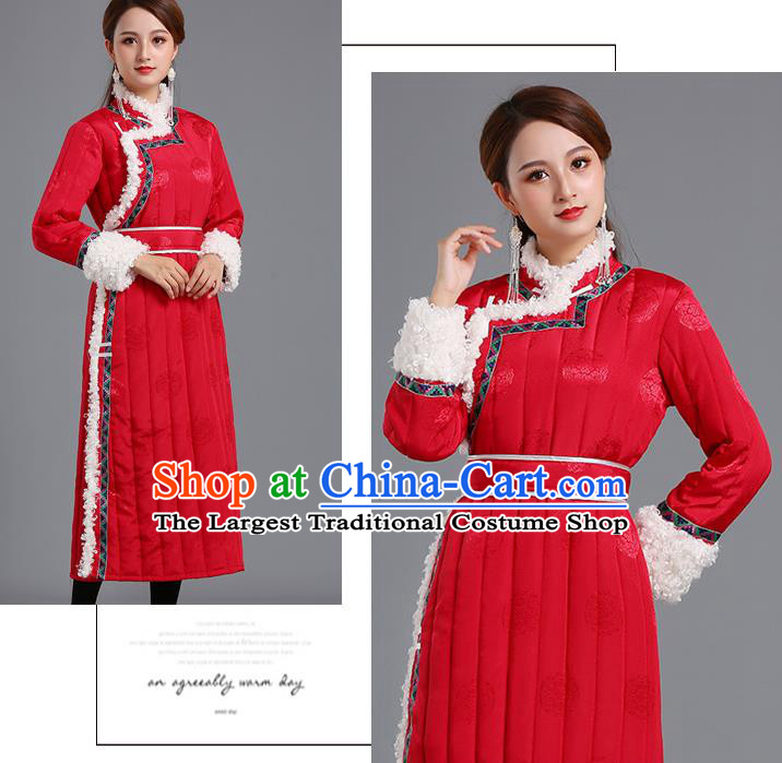 Traditional Chinese Mongol Minority Women Red Mongolian Robe Apparels Ethnic Costume Mongolian Nationality Winter Garment