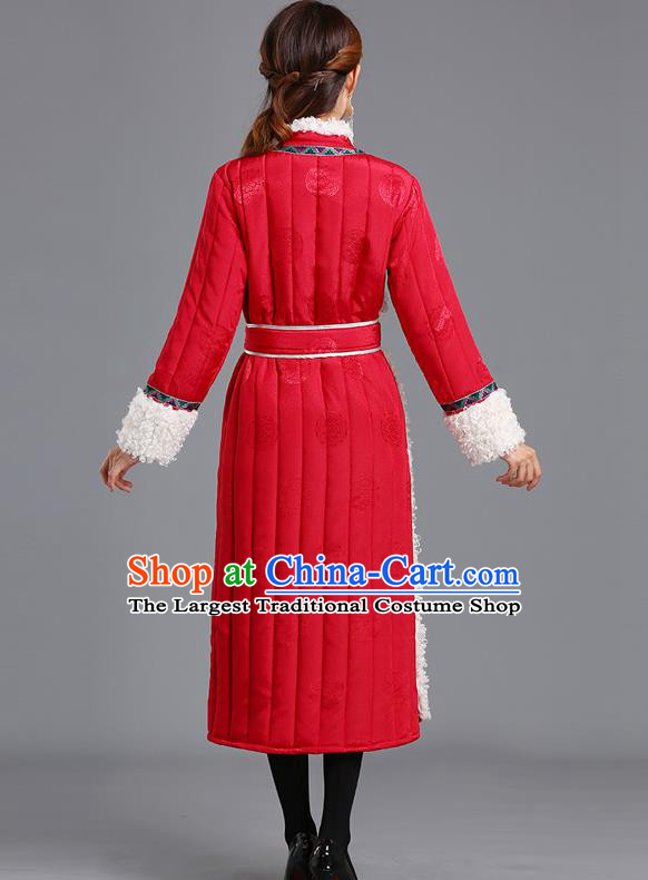 Traditional Chinese Mongol Minority Women Red Mongolian Robe Apparels Ethnic Costume Mongolian Nationality Winter Garment