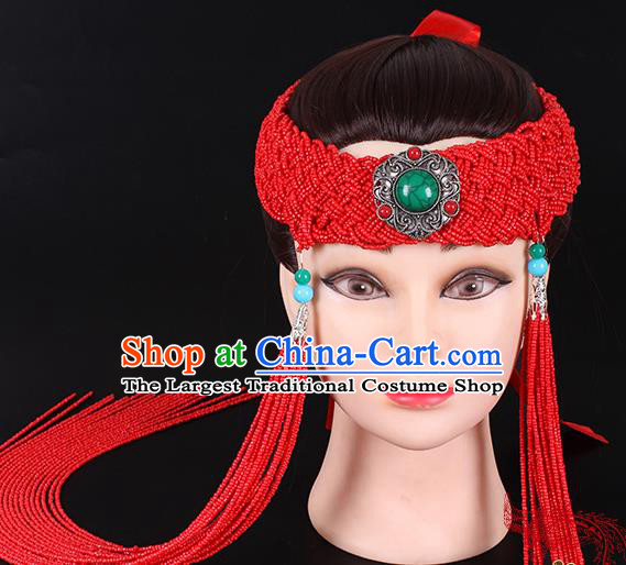 Traditional Chinese Mongol Minority Women Hair Accessories Mongolian Ethnic Dance Red Beads Tassel Hair Clasp