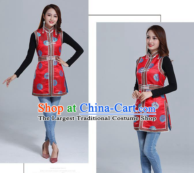 Traditional Chinese Ethnic Women Red Brocade Vest Apparels Mongol Minority Garment Nationality Folk Dance Costume