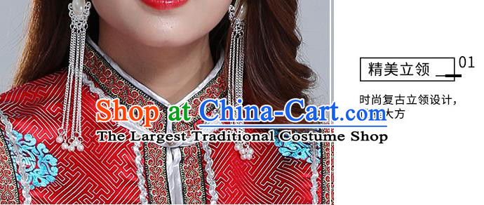 Traditional Chinese Ethnic Women Red Brocade Vest Apparels Mongol Minority Garment Nationality Folk Dance Costume