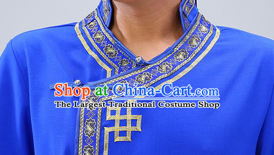 Chinese Traditional Ethnic Royalblue Short Sleeve Shirt Mongolian Dance Upper Outer Garment Mongol Minority Men Costume