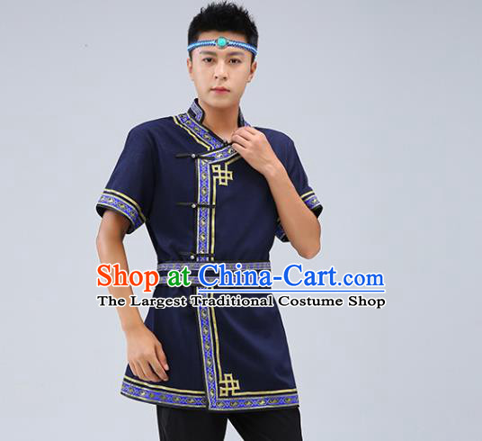 Chinese Traditional Ethnic Navy Short Sleeve Shirt Mongolian Dance Upper Outer Garment Mongol Minority Men Costume