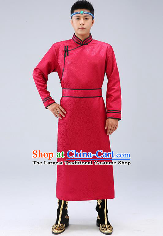 Chinese Traditional Men Red Brocade Mongolian Robe Ethnic Dance Garment Mongol Minority Wedding Costume