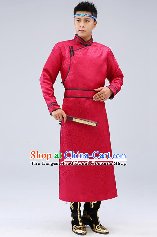 Chinese Traditional Men Red Brocade Mongolian Robe Ethnic Dance Garment Mongol Minority Wedding Costume