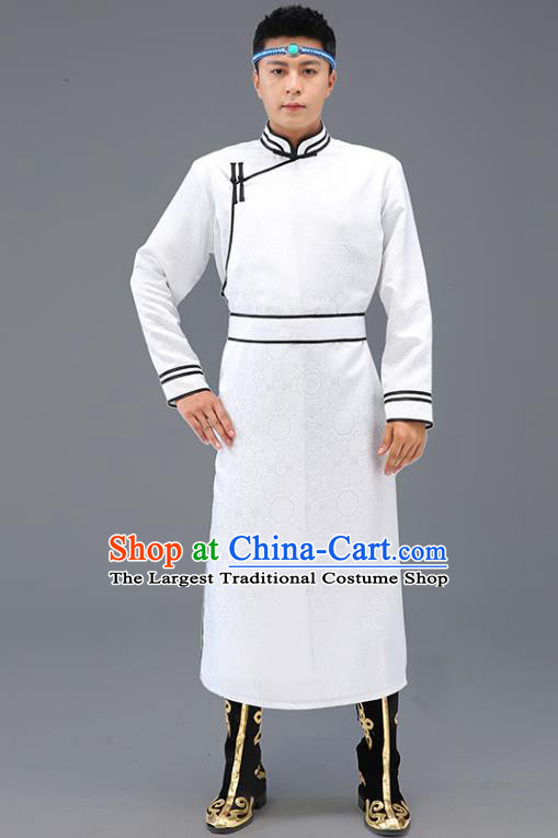 Chinese Traditional Men White Brocade Mongolian Robe Ethnic Dance Garment Mongol Minority Wedding Costume