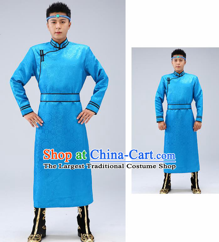 Chinese Traditional Men Blue Brocade Mongolian Robe Ethnic Dance Garment Mongol Minority Wedding Costume