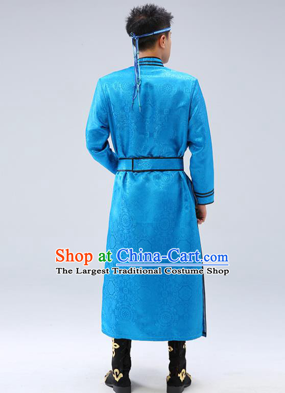 Chinese Traditional Men Blue Brocade Mongolian Robe Ethnic Dance Garment Mongol Minority Wedding Costume