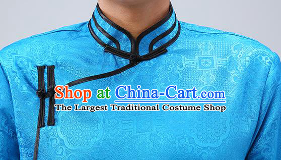 Chinese Traditional Men Blue Brocade Mongolian Robe Ethnic Dance Garment Mongol Minority Wedding Costume