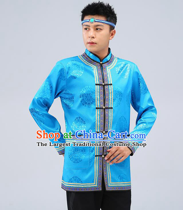 Chinese Traditional Mongolian Men Blue Brocade Shirt Mongol Minority Costume Ethnic Dance Upper Outer Garment