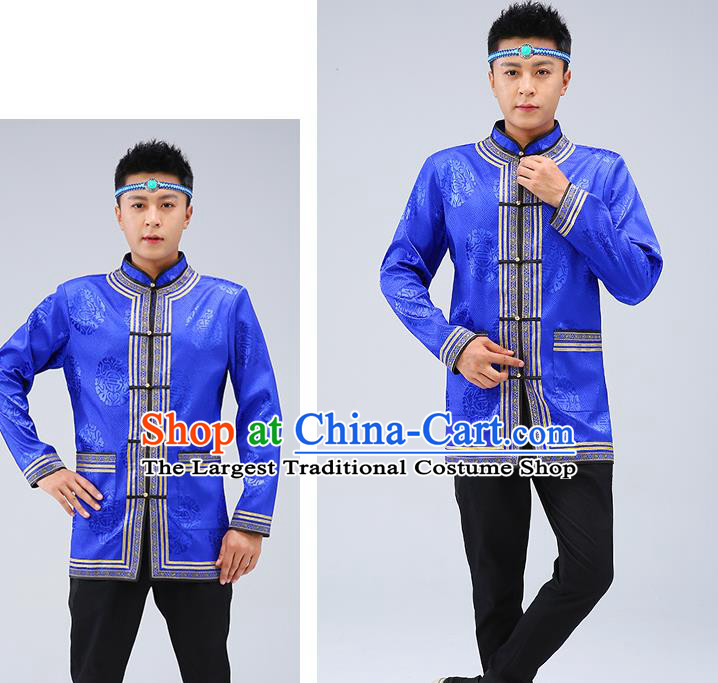 Chinese Traditional Mongolian Men Royalblue Brocade Shirt Mongol Minority Costume Ethnic Dance Upper Outer Garment
