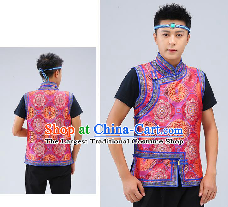 Chinese Traditional Mongol Minority Red Brocade Vest Mongolian Costume Ethnic Men Upper Outer Garment Waistcoat