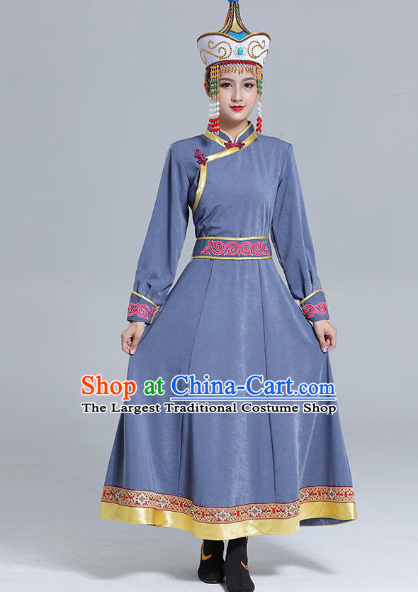 Traditional Chinese Mongol Minority Wedding Mongolian Robe Dance Apparels Mongolian Nationality Costume Ethnic Women Grey Dress Garment