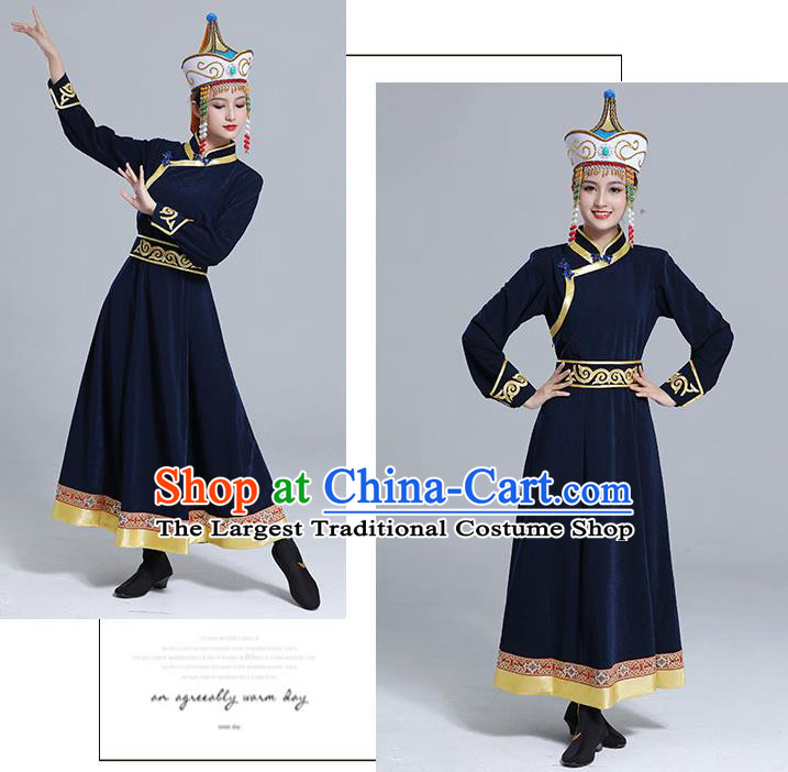 Traditional Chinese Mongol Minority Wedding Mongolian Robe Dance Apparels Mongolian Nationality Costume Ethnic Women Navy Dress Garment