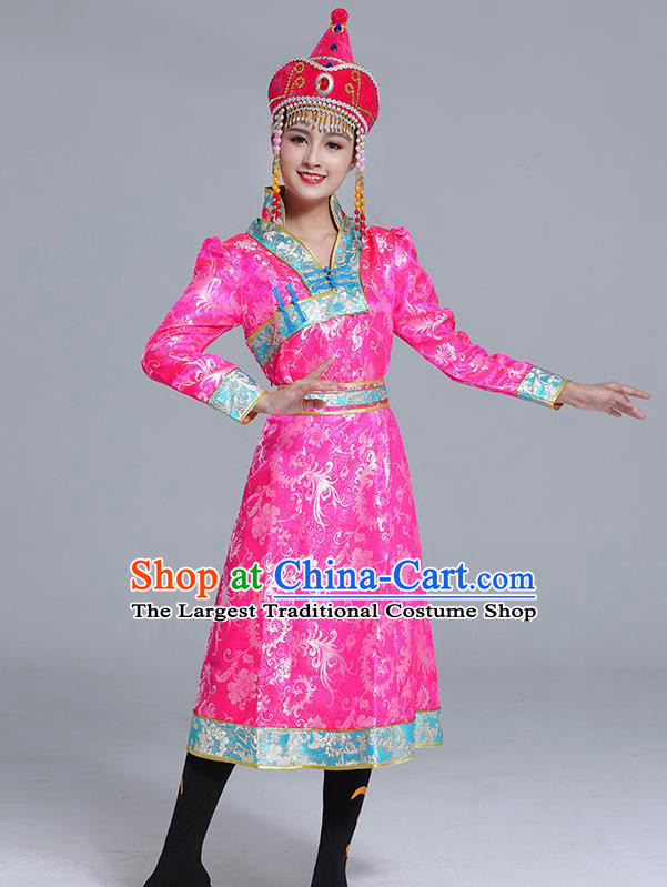 Traditional Chinese Ethnic Women Pink Brocade Mongolian Robe Dance Apparels Mongol Minority Dress Garment Nationality Costume