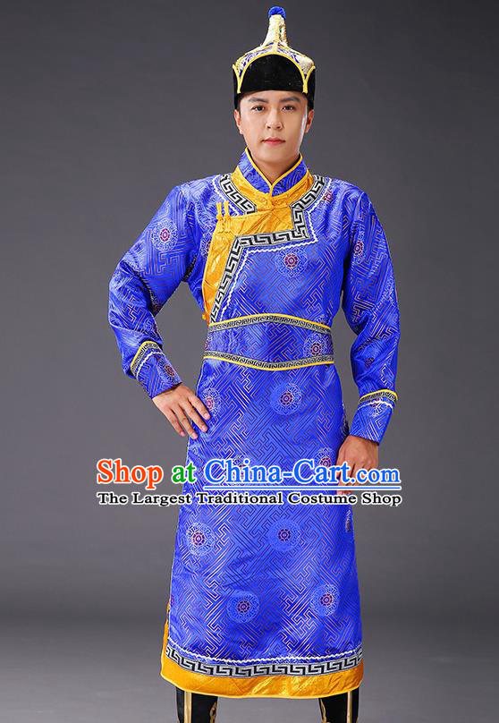 Chinese Traditional Royalblue Brocade Mongolian Robe Costume Mongol Minority Ethnic Men Garment