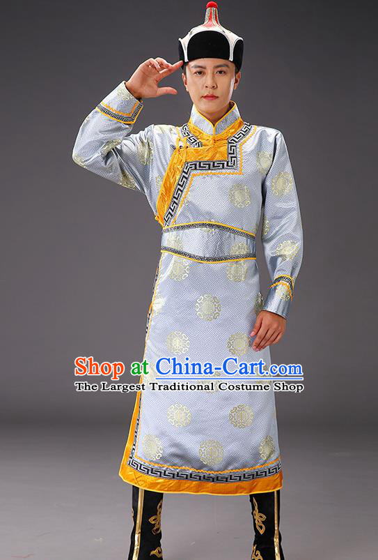 Chinese Traditional Grey Brocade Mongolian Robe Costume Mongol Minority Ethnic Men Garment