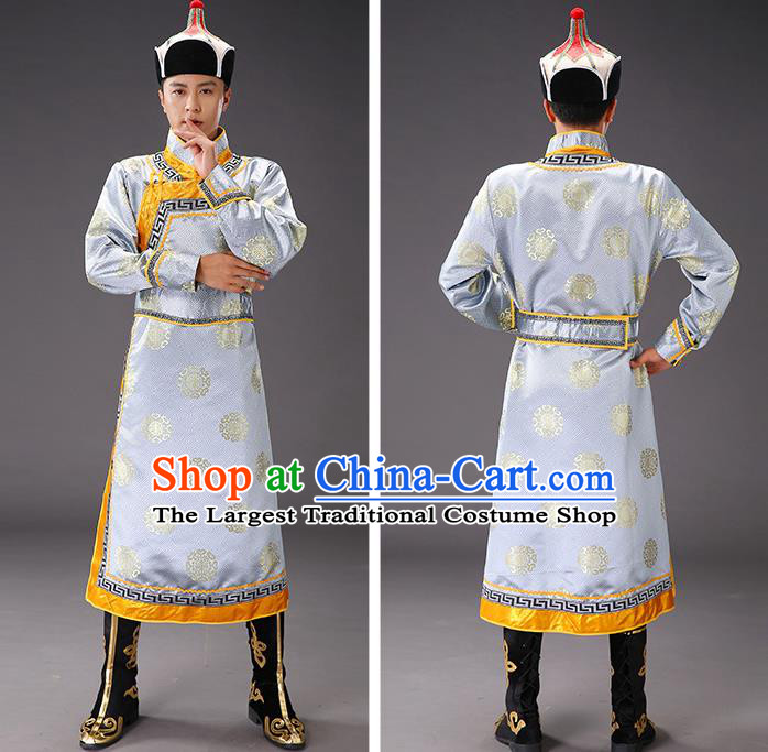Chinese Traditional Grey Brocade Mongolian Robe Costume Mongol Minority Ethnic Men Garment