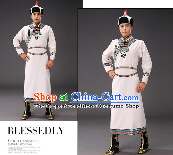 Chinese Traditional Beige Suede Fabric Mongolian Robe Costume Mongol Minority Ethnic Men Stage Performance Garment