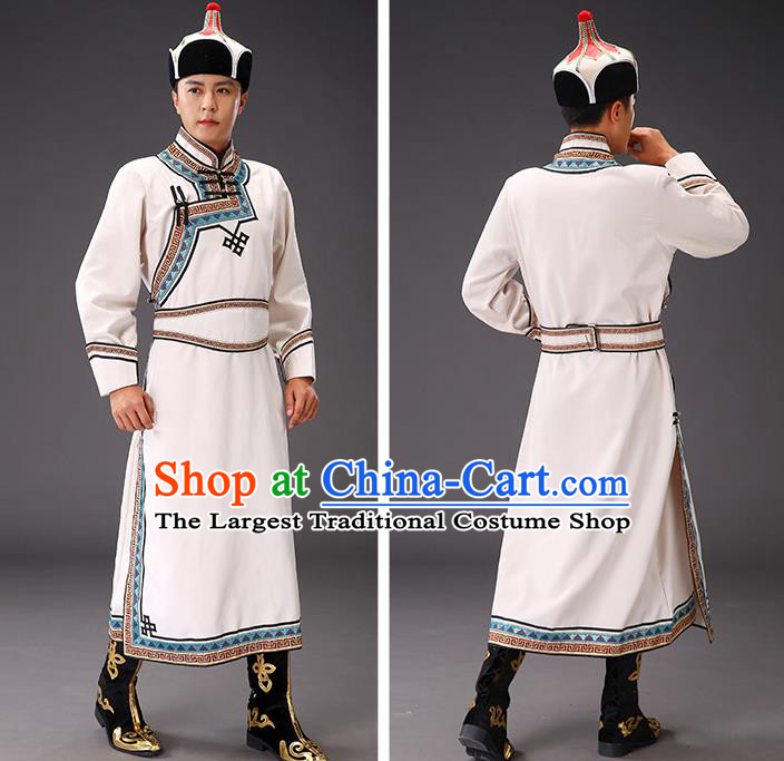 Chinese Traditional Beige Suede Fabric Mongolian Robe Costume Mongol Minority Ethnic Men Stage Performance Garment