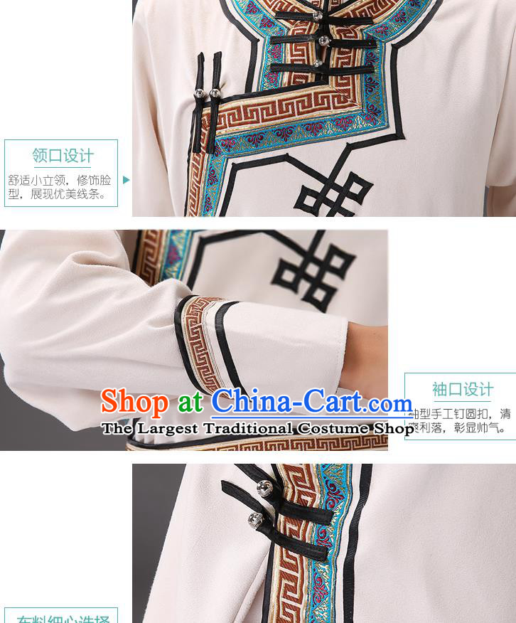 Chinese Traditional Beige Suede Fabric Mongolian Robe Costume Mongol Minority Ethnic Men Stage Performance Garment