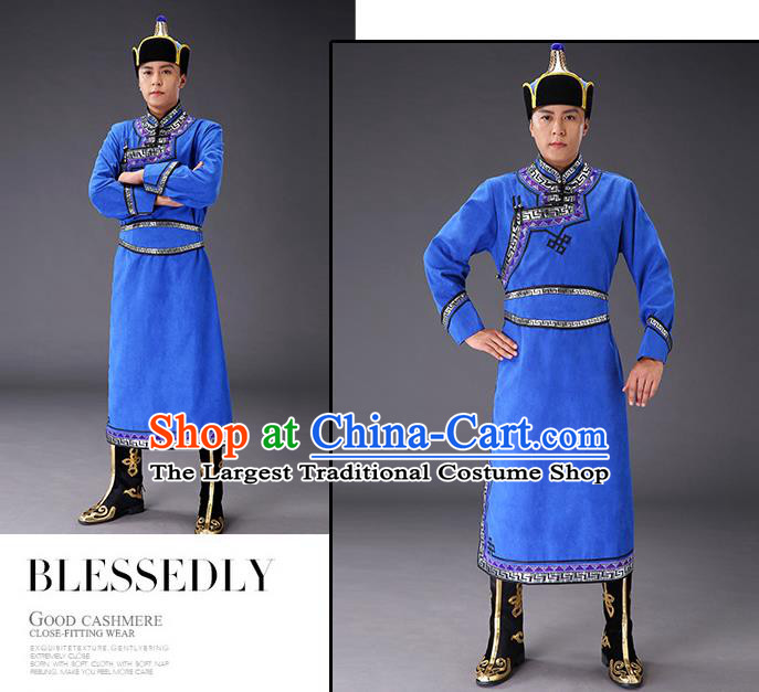 Chinese Traditional Royalblue Suede Fabric Mongolian Robe Costume Mongol Minority Ethnic Men Stage Performance Garment