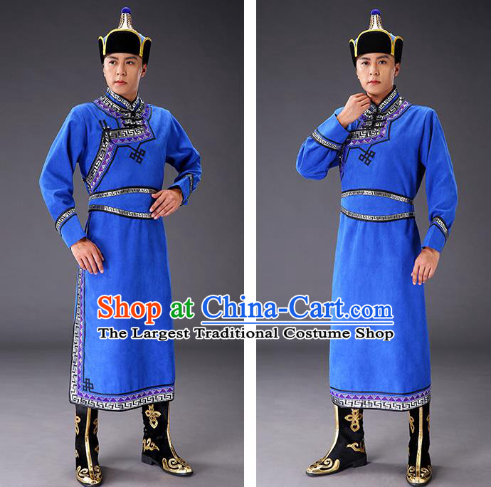 Chinese Traditional Royalblue Suede Fabric Mongolian Robe Costume Mongol Minority Ethnic Men Stage Performance Garment