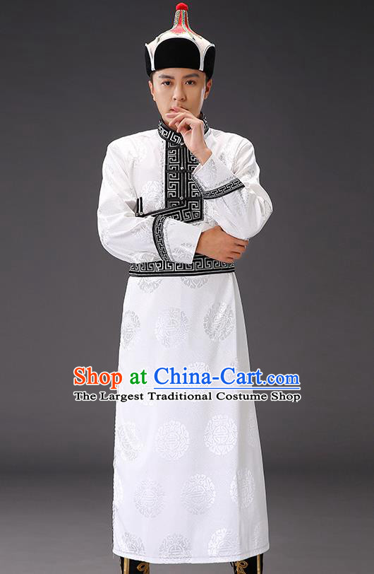 Chinese Traditional Mongol Minority Men White Mongolian Robe Costume Ethnic Stage Performance Garment