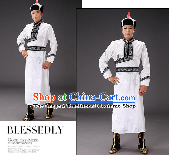 Chinese Traditional Mongol Minority Men White Mongolian Robe Costume Ethnic Stage Performance Garment