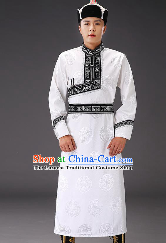 Chinese Traditional Mongol Minority Men White Mongolian Robe Costume Ethnic Stage Performance Garment